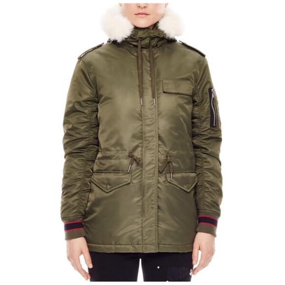 Sandro Paris Vitalic Parka Coat Faux-Fur Trim Hood Green - Picture 1 of 15